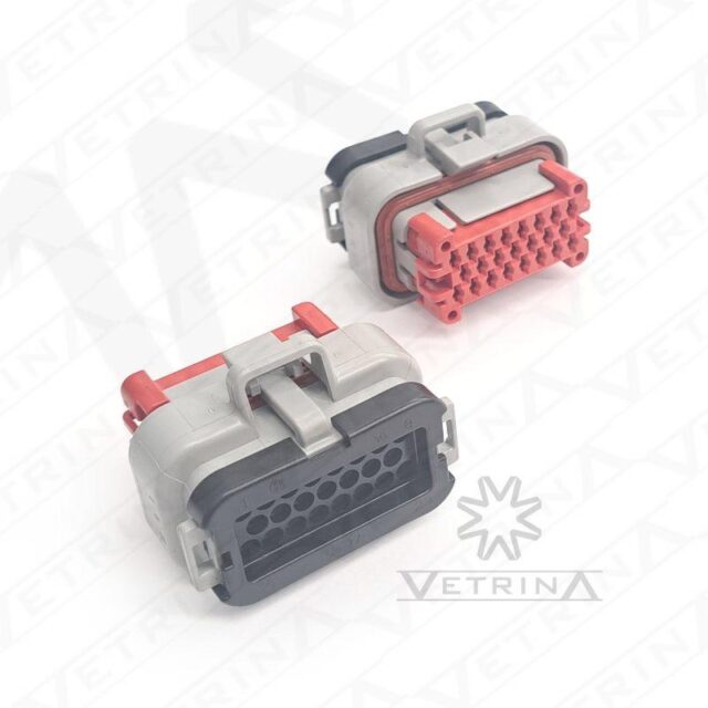 Conector plugue fêmea TE Connectivity série AMPSEAL de 23 vias, modelo 770680-4, cor cinza com trava vermelha e vedação IP6K9K.