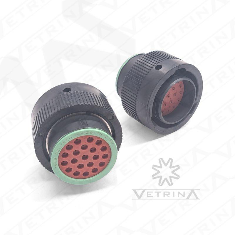 Conector plugue macho Deutsch série HDP20 de 21 vias, modelo HDP26-18-21PN, configuração invertida com vedação IP68.