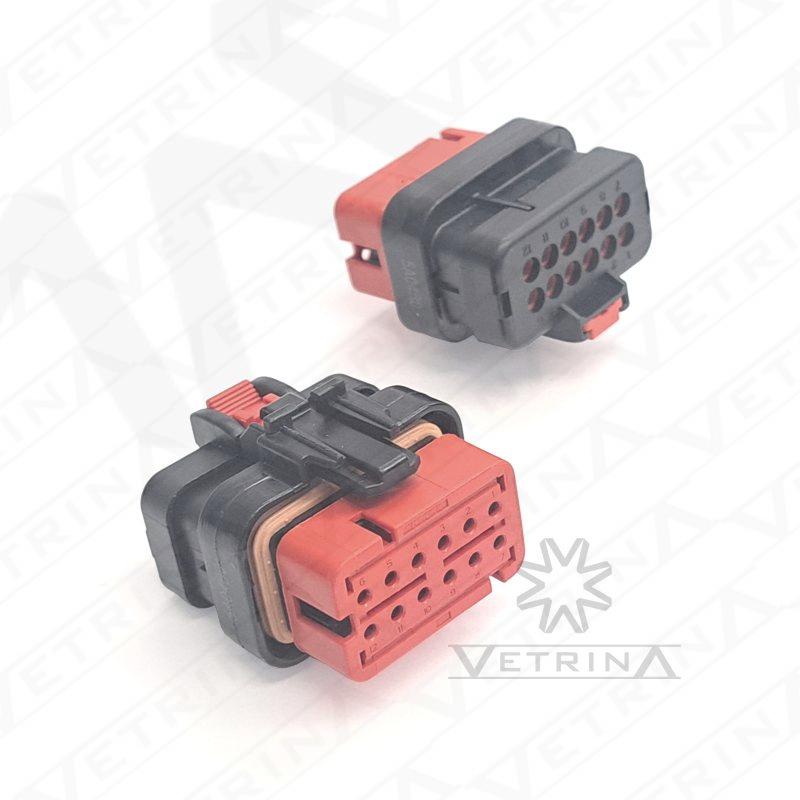 Conector plugue fêmea TE Connectivity série AMPSEAL 16 de 12 vias, modelo 776533-1, cor vermelha com proteção IP6K9K.