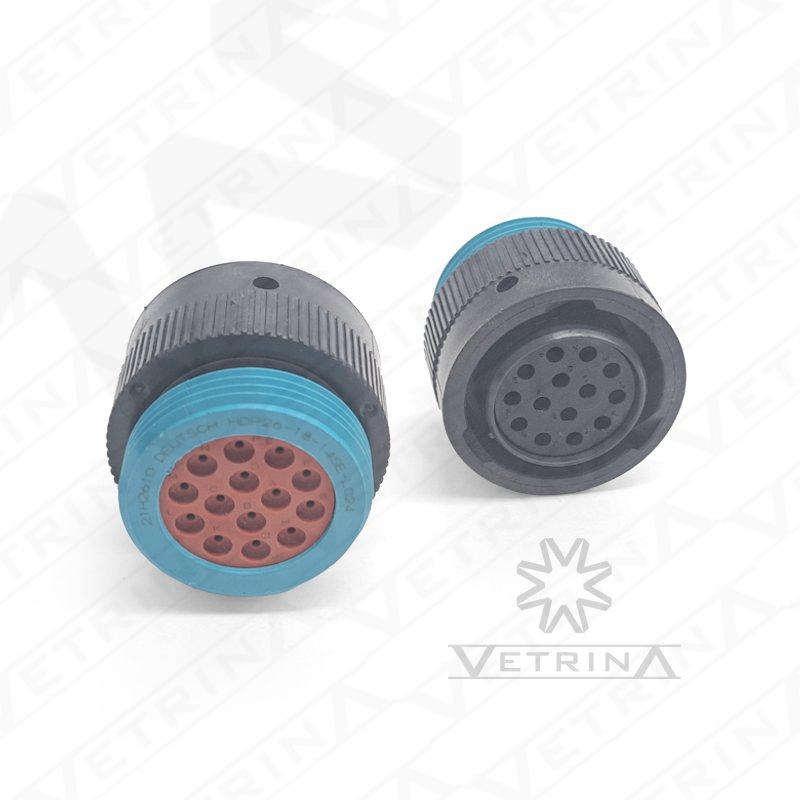 Conector plugue fêmea Deutsch série HDP20 de 14 vias, modelo HDP26-18-14SE-L024, carcaça preta com anel adaptador L024 e vedação IP68.