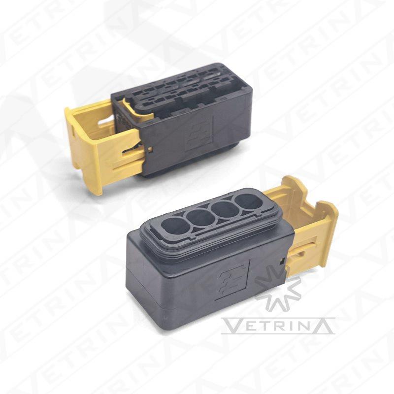 Conector plugue fêmea TE Connectivity série MCP de 4 vias, modelo 1-1564330-1, para terminais 6.3/4.8K com trava amarela.
