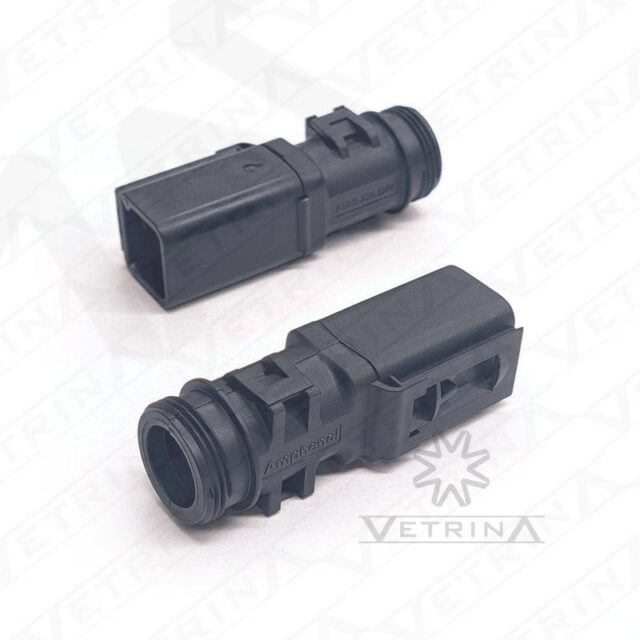 Capa traseira (backshell) reta Amphenol série AT de 2 vias, modelo ATBS-229-0205, preta para tubos corrugados de diversos diâmetros.