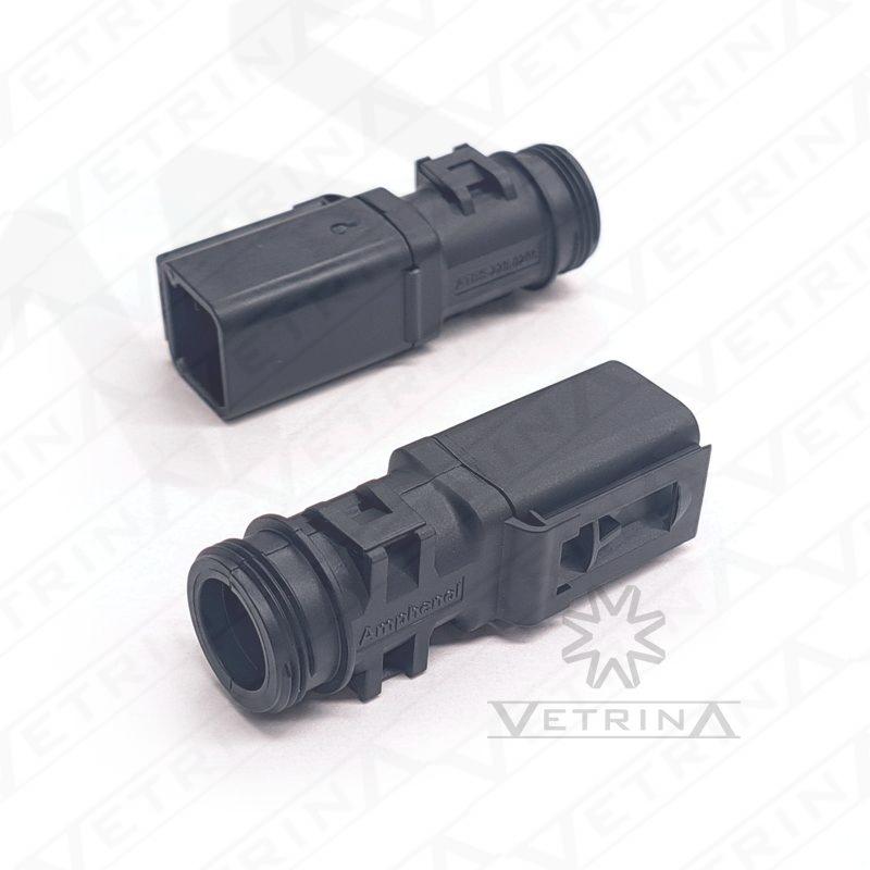 Capa traseira (backshell) reta Amphenol série AT de 2 vias, modelo ATBS-229-0205, preta para tubos corrugados de diversos diâmetros.