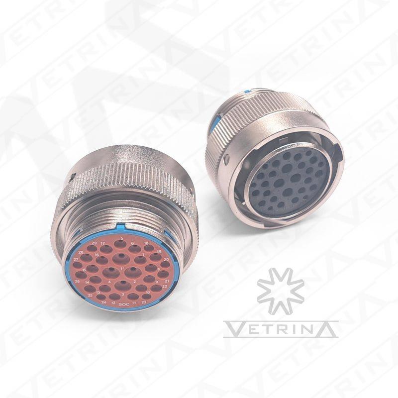 Conector plugue fêmea metálico Amphenol série AHDM de 29 vias, modelo AHDM06-24-29SR, alta resistência com proteção IP69K.