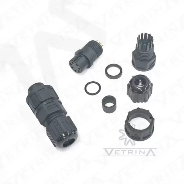 Conector fêmea circular Amphenol LTW série BD de 7 vias, modelo BD-07BFFA-LL7001, cor preta com trava tipo baioneta e vedação IP67 para uso industrial.