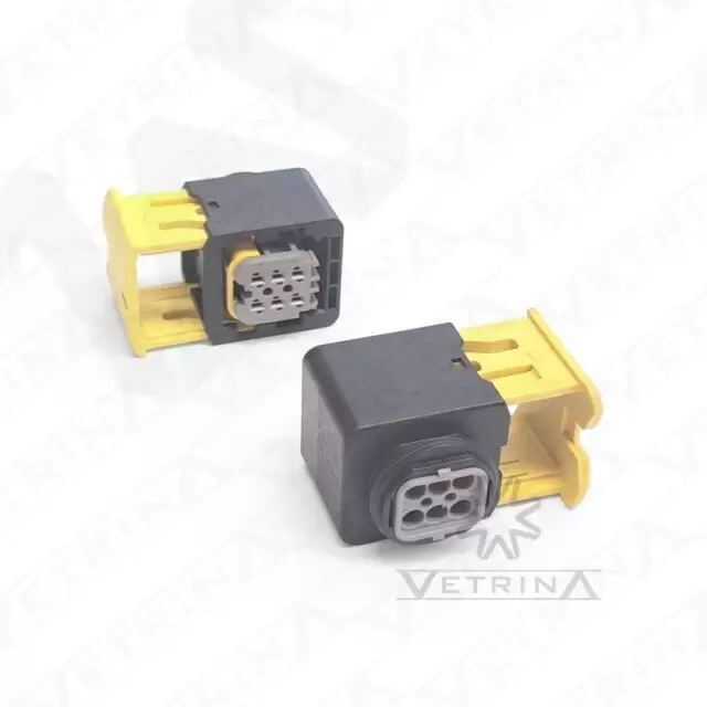 Conector fêmea selado TE Connectivity série MCON de 6 vias, modelo 2-1418469-1, cor cinza com trava secundária amarela, projetado para alta confiabilidade em sistemas eletrônicos veiculares.