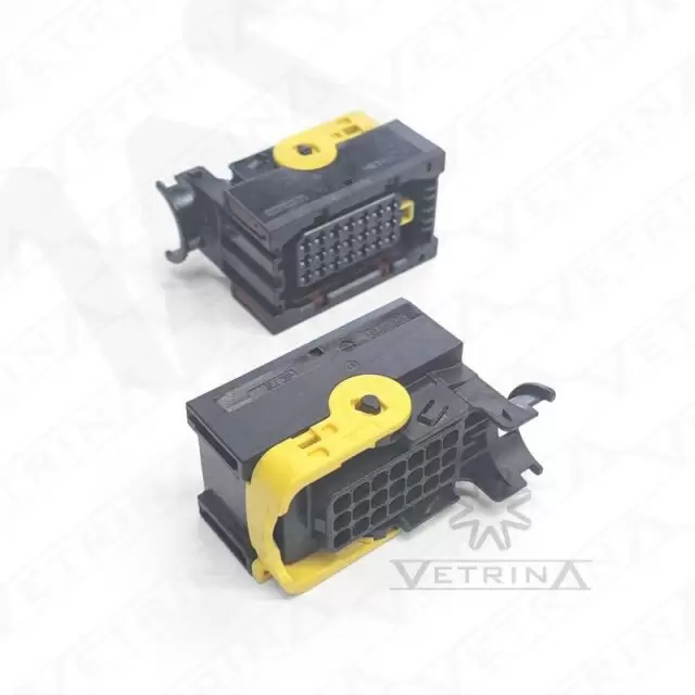 Conector fêmea selado TE Connectivity série LEVYSEAL de 21 vias, modelo 1-1534127-1, cor preta com alavanca amarela, ideal para conexões híbridas de alta densidade em ambientes automotivos industriais.