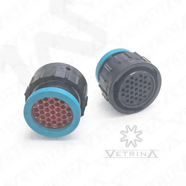 Conector plugue fêmea Amphenol AHDP de 31 vias, modelo AHDP06-24-31SR-BRA, com anel adaptador traseiro e proteção IP69K.