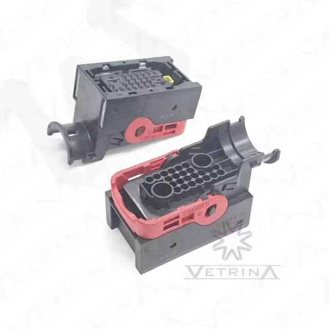 Conector fêmea selado TE Connectivity de 25 vias, modelo 1-2328352-2, nas cores preto e vermelho, para conexões de alta precisão em módulos eletrônicos.